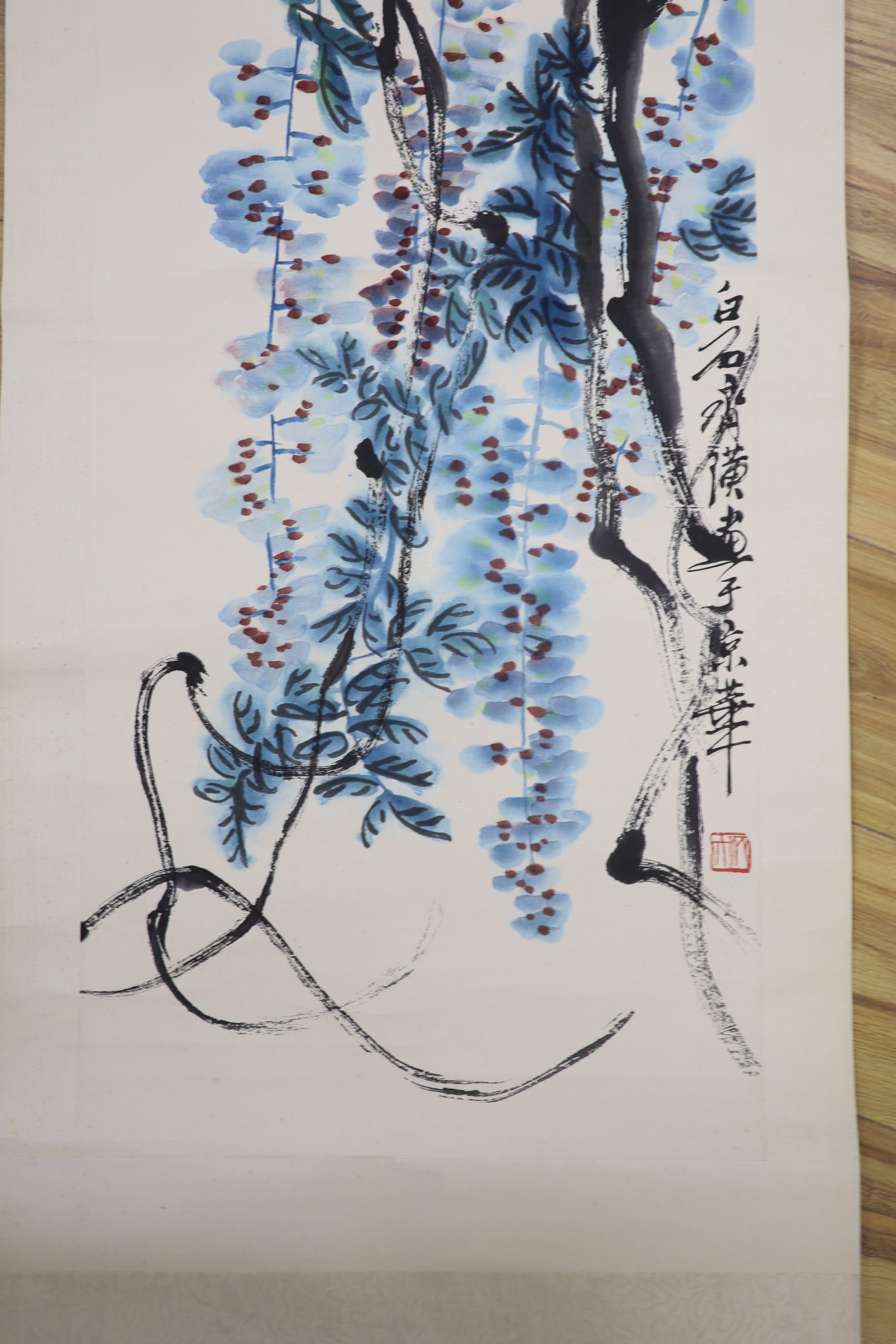 After Qi Baishi, scroll painting, Trailing flowers, 97 x 40cm